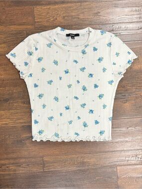Papaya Cream Ribbed Floral Lettuce-Edge Crop Top